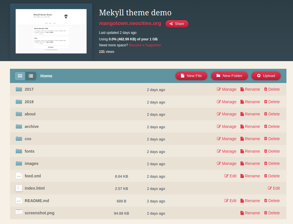 Neocities's file manager screen showing the files you pushed from the CLI.